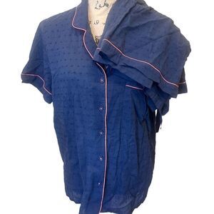 Charter Club Women's Large Notch Collar Cotton Pajama Top Blue Short Sleeve